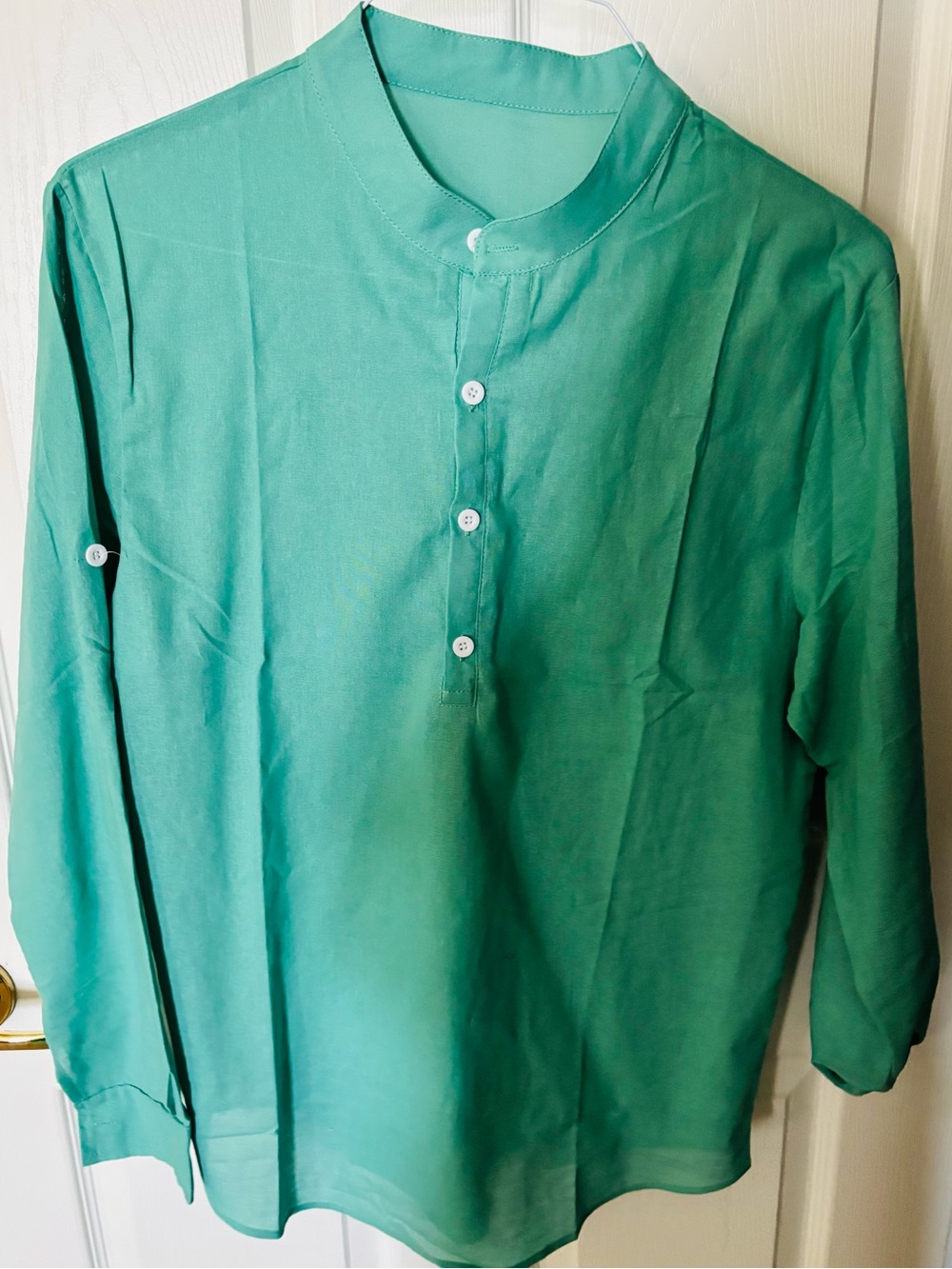 Men's Green Mandarin Collar Button-Front Shirt